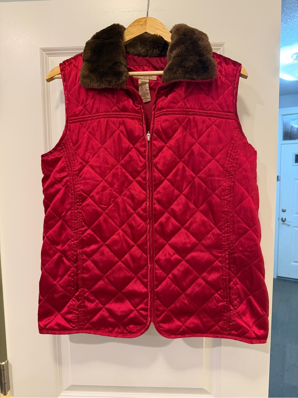 Covington Quilted Red Satin Vest with Brown Faux Fur Collar